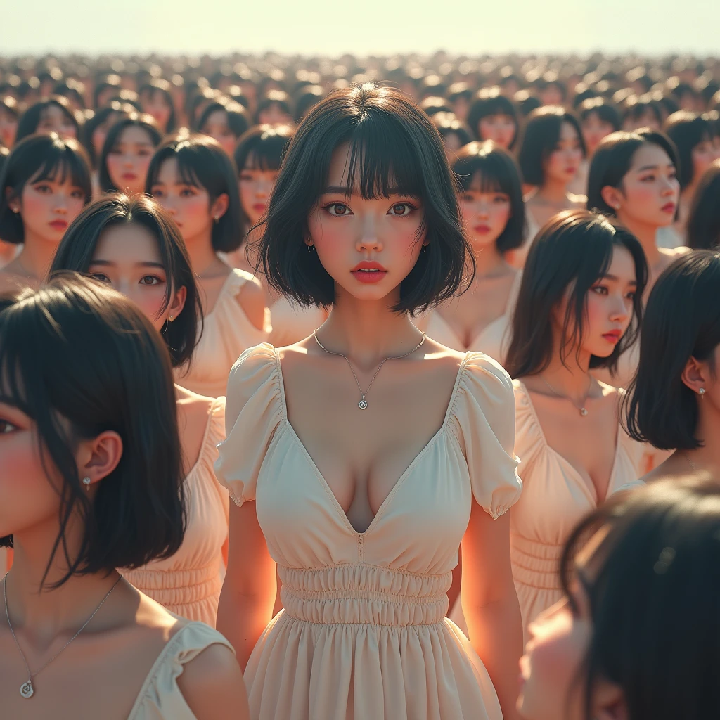 (((((Japanese Clone girls=Myself)))))), (((Best Super High quality Myself Clone girls Raw Photography Art))), (16K, Highest quality, Ultra-high resolution, RAW Photos), (((It's so unrealistic., With unparalleled depiction, With an unfathomable sight, An unprecedented and shocking worldview, Clone girls in a world of mass reproduction, Ultra-realistic))), (((Japanese, woman, 20yo, Saito-Asuka))), (Small face, ((Thick black hair, Semi-long hair))), ((V-neck short-sleeve dress)), (((((Very detailed美しい女体, Accurate body structure, Very detailed完璧な, Super busty body with very large breasts, Clearly emphasizes cleavage))))), (((Dark Eyes, Mature face, Cute Smile, A gentle gaze))), (((Her happy and smiling expression is so cute))), ((((((((Very detailed分身増殖描写, ((1girl→Myself cloning→1,000,000,000,000,000,000,000,000,000,000,000,000,000,000,000,000,000,000,000,000Myself Clone girls)))))))))), ((((((((Very detailed, The precise depiction of the proliferation of Myself Clone girls, ((With the perfectly identical bodies of Myself clone girls, With the exact same face as the Myself clone girls, With the exact same hairstyle as the Myself clone girls, In the exact same clothes as the girls who are my clones, Perfectly the same height as the Myself clone girls, Super big breasts, just like the Myself clone girls)))))))))), (((Myself clone girls only))), (((Very detailed depiction, (A group of Myself clone girls hugging each other, A large gathering of Myself clone girls, Fun conversations among crowds of Myself clone girls, A fun conversation among a crowd of Myself clone girls, Flirting with a crowd of Myself clone girls, Multiple Myself clone girls walking together in a crowd, turn around, The approaching crowd of Myself)))), (((Everyone looks at the camera))), (((Unbelievably crowded, Transcendent Myself clone girls intimately, A crowd of Myself clone girls surrounds you in 360 degrees))), (Bright, soft sunlight), (((Very wide field of view, Very detailed, Detailed ultra-perspective depiction with clear depth, super wide view))), (((((The place where multiple Myselfs join together is a blissful place))))), (((Very photographic and detailed depiction, Myself clone girls will multiply infinitely and fill the surroundings from one side to the horizon with their bodies tightly packed together without any gaps., A scene of endless Myself clone girls, giving a happy vibe.))), (Focus on the average value of the image)