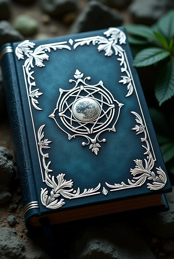 A grimoire with sparkling features carved in silver with branches of small arabesque leaves in the four corners of the cover and in its center the symbol of the triple moon