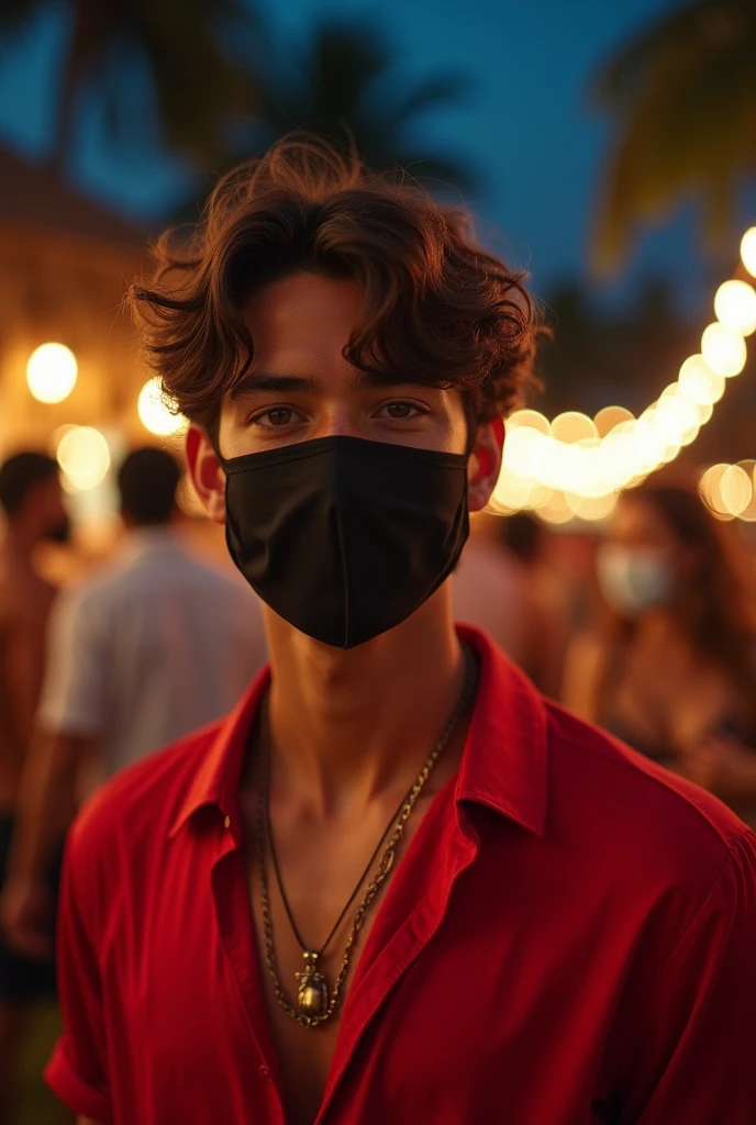 Young man with wavy hair and black mask covering upper part of face with red clothes at outdoor luau party at night