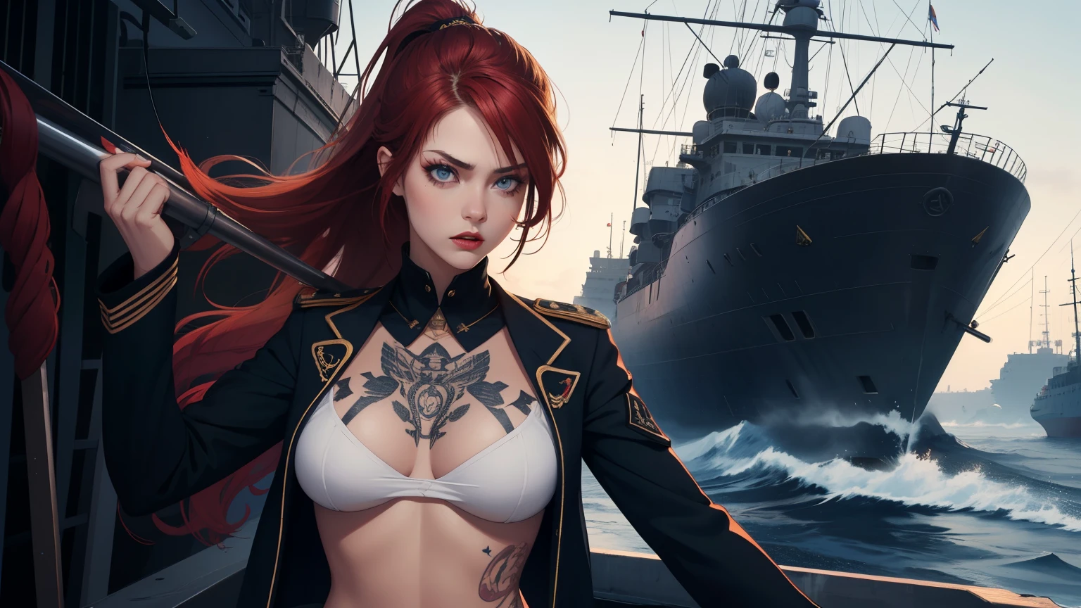 Hot young woman, long red hair, ponytail, admiral's uniform, many nautical tattoos, black make-up, high boots, high quality, best quality, high details, blue eyes, perfect body, warship in backround, navy, cannons fire, masterpiece, multilayer, angry eyes,