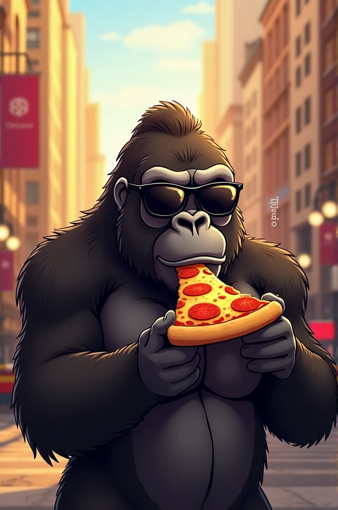 Gorilla in sunglasses eat pizza