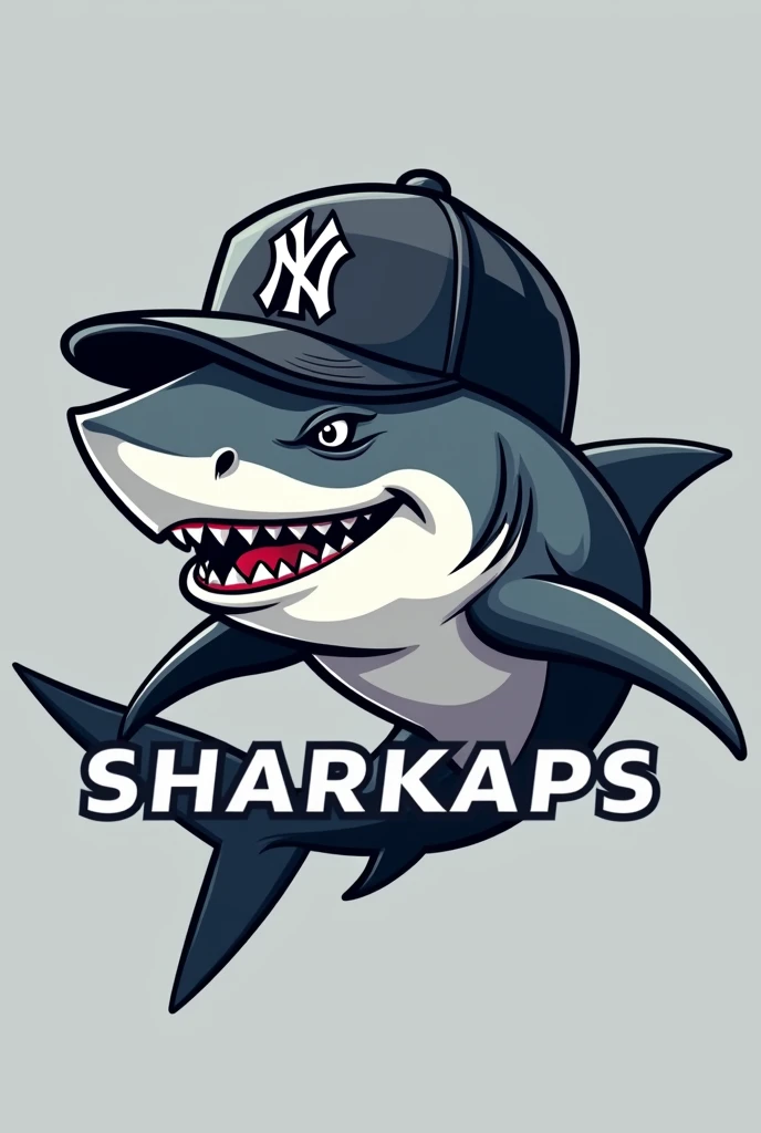 Create a logo of a grey shark with a NY cap that says SHARKAPS
