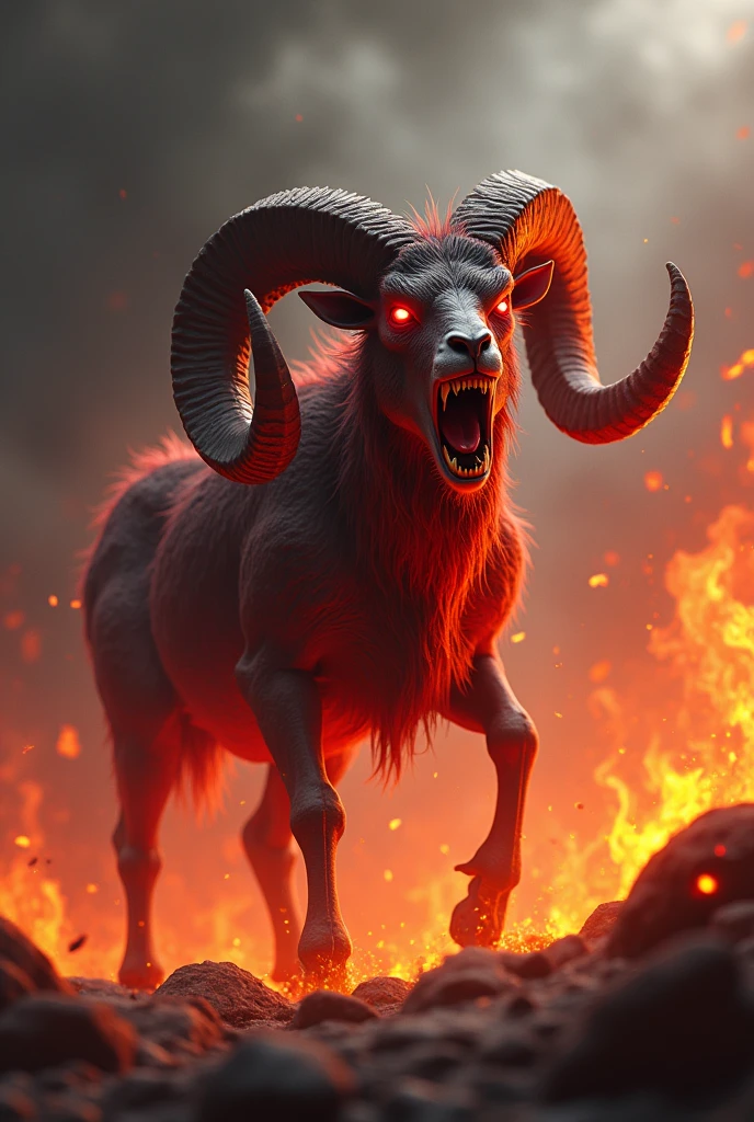 Create an image of a demonic ram with large, curved horns, eerie glowing red eyes, and red skin covered in flames. The ram must be screaming in a threatening manner, with a fierce expression, in a hellish scenario full of fire and smoke."