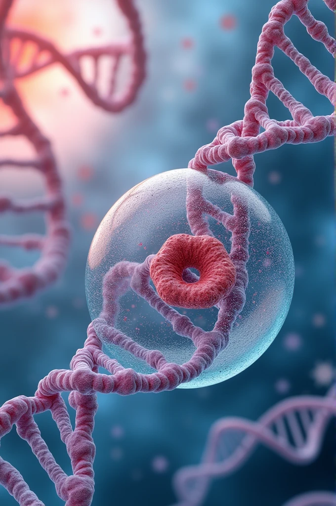 Representation of the nucleus with a DNA strand and RNA polymerase in action, synthesizing mRNA.