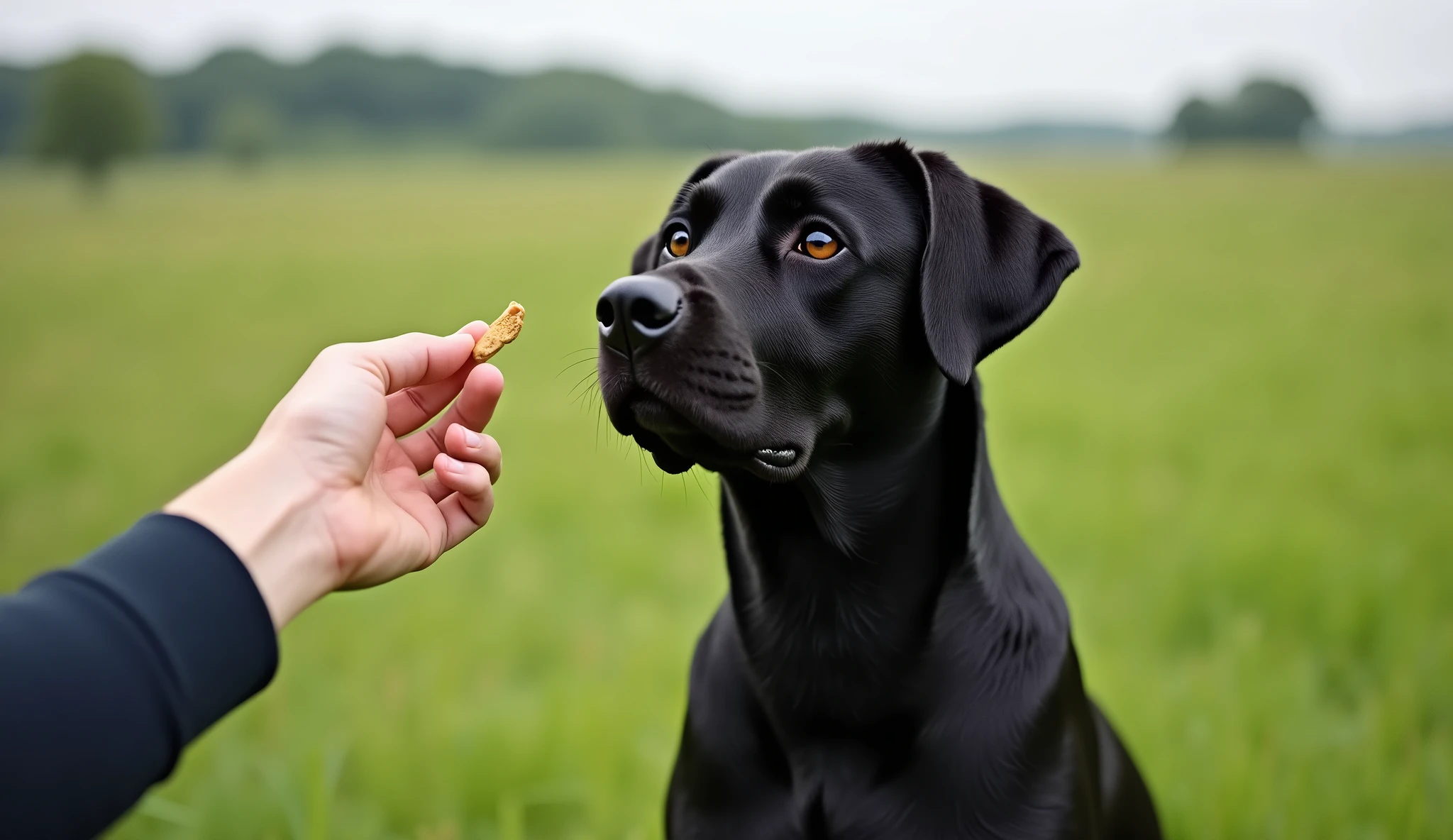 A focused Black Labrador Retriever sitting attentively in front of its owner during a training session in an open field. The owner is holding a treat, and the dog is eagerly waiting for the command. The scene is set against a backdrop of lush green grass and a few scattered trees, photorealista, 8K, (melhor qualidade,4K,8K,alta resolução.