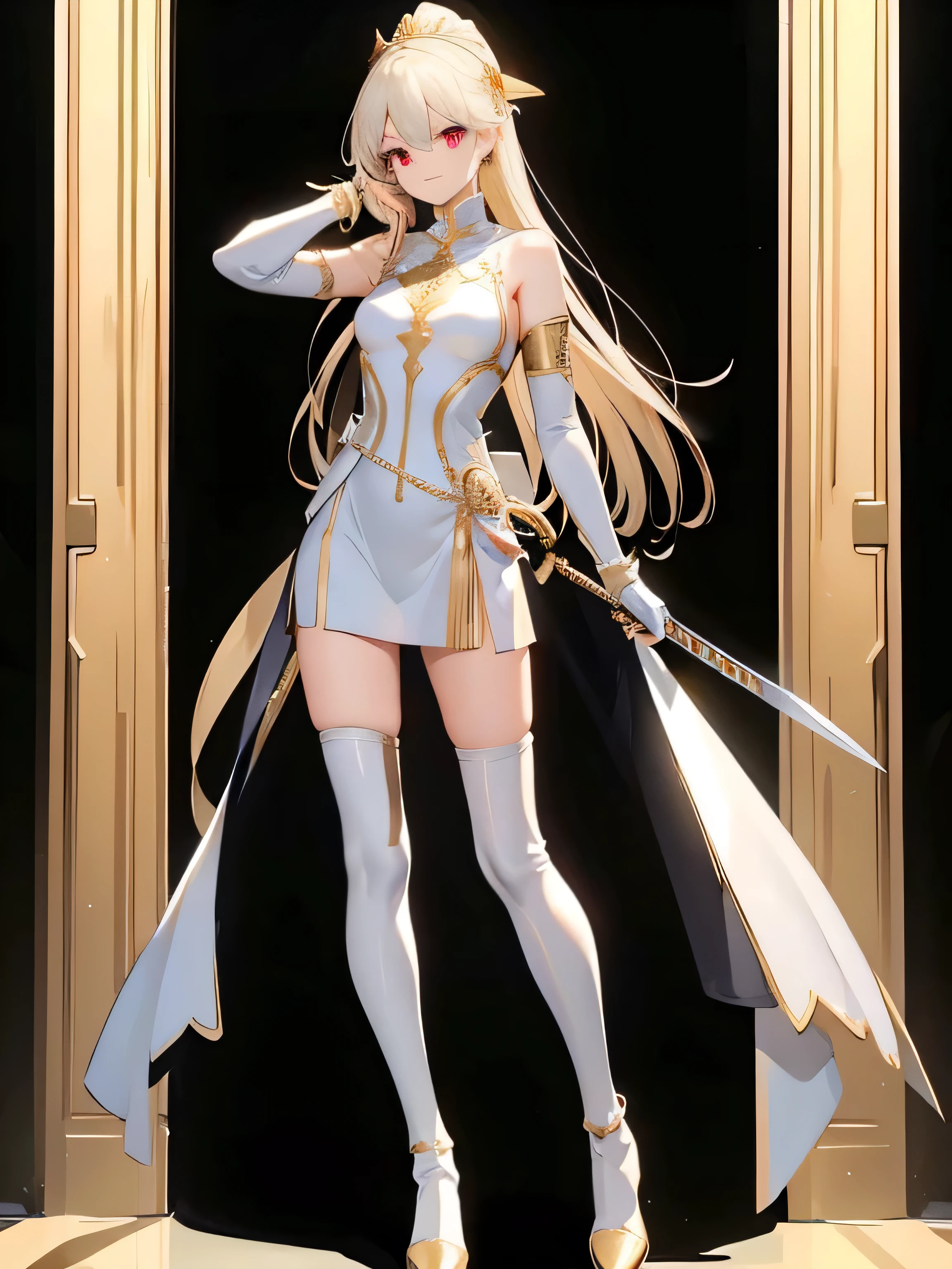 The princess wears a white battle suit with gold details, Designed to be sleek and lightweight. His sleeveless armor combines agility and protection, with gold plates embedded in the fabric and gloves with gold filigree. He carries a simple but sharp katana with a white and gold hilt.. Her hair is long and white, and his eyes are deep red with an inner glow. She complements her outfit with white high boots with gold reinforcements.. Her figure is slender and her movements are precise., with golden details on the armor