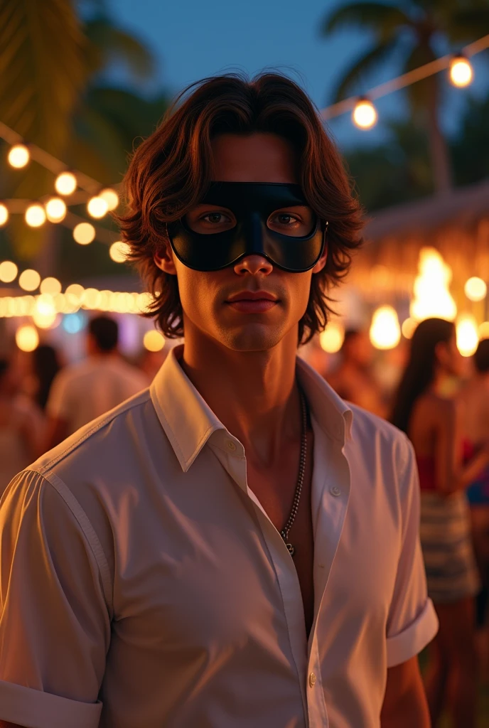 Young man with wavy hair and a black mask covering the upper part of his face with white clothes at an outdoor luau party at night