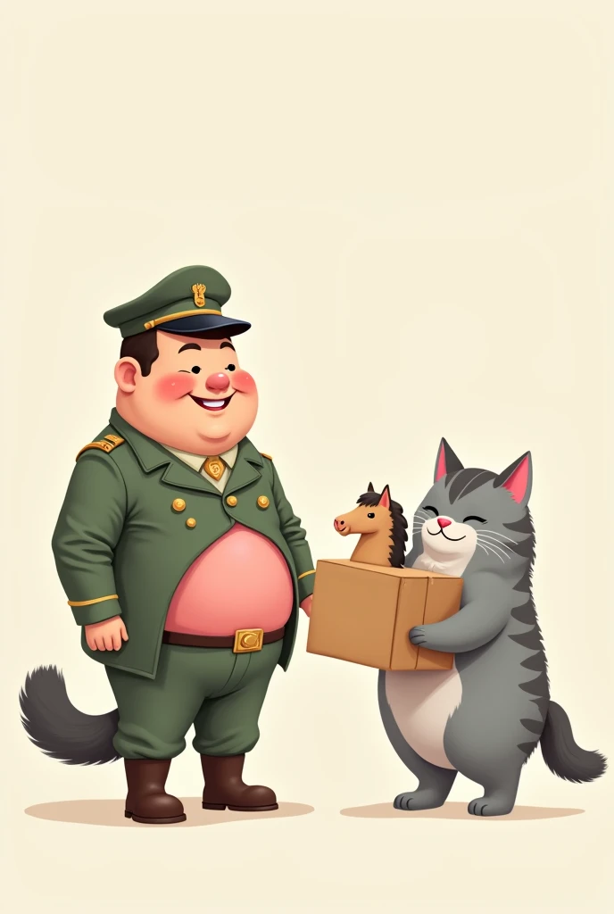 Cartoon of a gray cat with lighter stripes and whiskers, good-natured chubby guy, handsome, pink belly that looks like a soldier and gives you a cardboard horse 