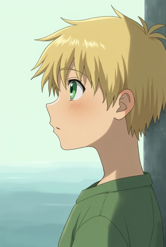 A profile picture of a thoughtful blonde-haired, green-eyed anime boy, looking at the horizon