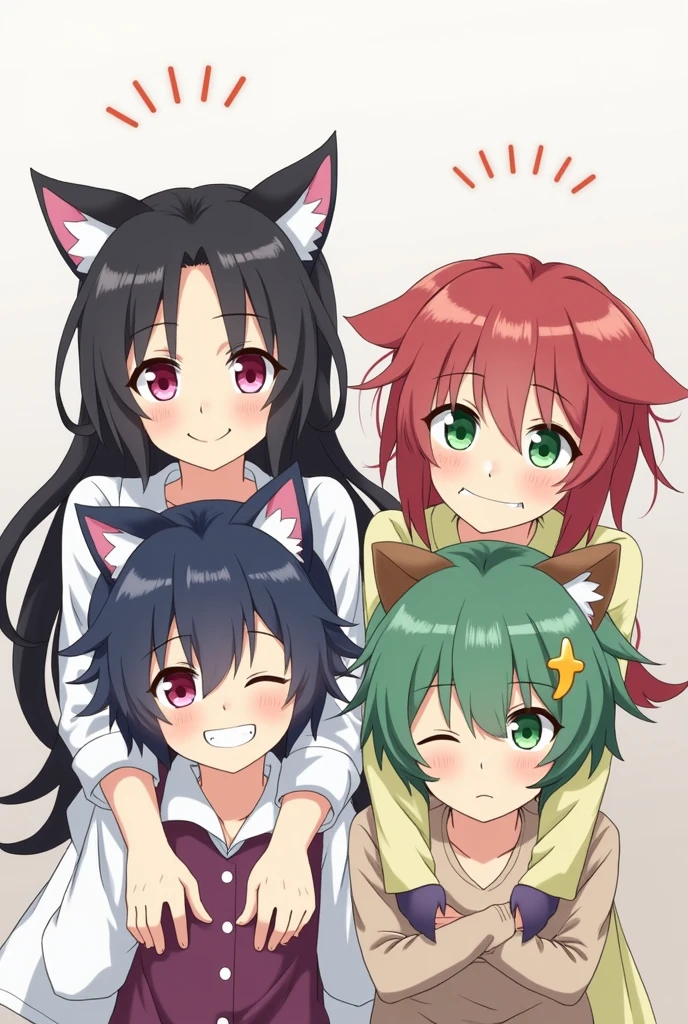 Make a picture of a group of 4 people, 2 boys and 2 girls, a pretty girl with long black hair, with white cat ears on top of its head, with ponytail and pink eyes smiling together with a cute boy with dark blue hair and cat ears smiling. Next to them, a pretty red-haired girl with dog ears and green eyes is grumpy next to a handsome boy with green hair, green eyes and half-smiling dog ears.