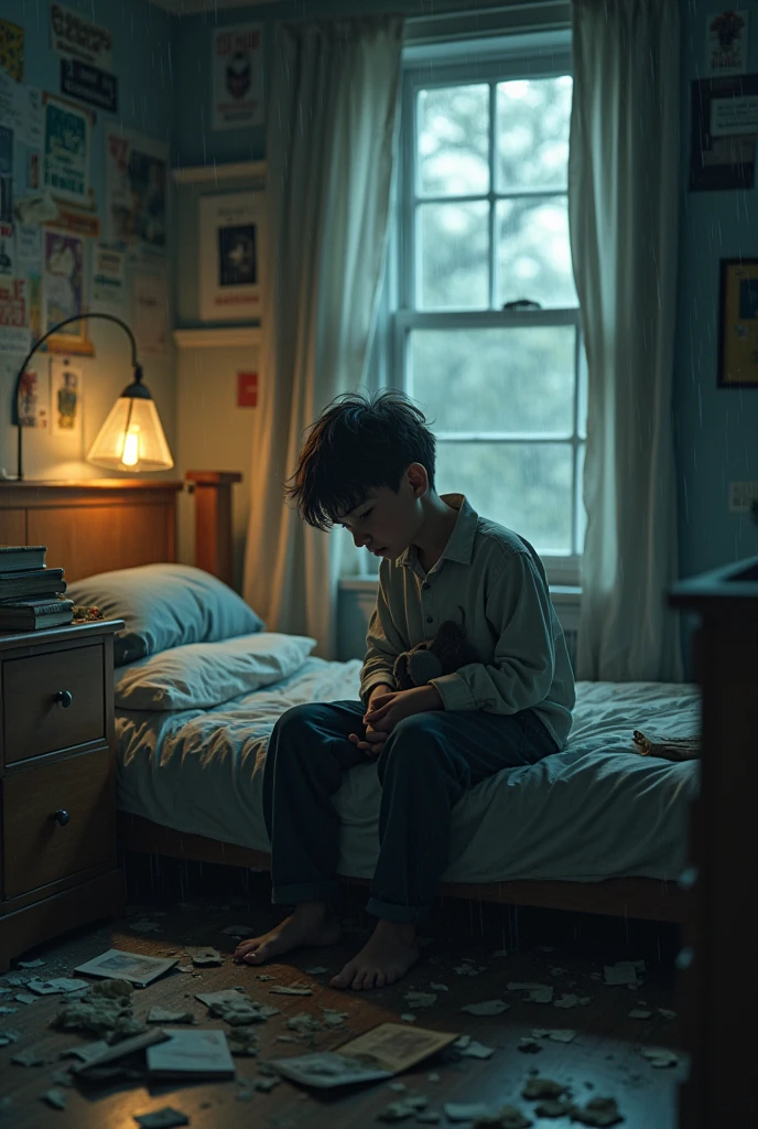 In a dimly lit, cluttered room, a young boy sits alone on the edge of a worn-out bed. The room, once bright and inviting, now feels like a confined space of despair, with faded posters peeling off the walls and scattered belongings hinting at a life that has been disrupted. The boy's clothes are rumpled, and his hair is disheveled, giving the impression of someone who has been lost in their own thoughts for too long.His face, etched with sadness, is illuminated only by the soft glow of a single, flickering lamp on a nearby desk. The shadows cast across his face accentuate the deep lines of worry and the heavy burden he seems to carry. His eyes, red and puffy from crying, stare blankly at the floor, unable to focus on anything in particular. The boy's posture is hunched, as if the weight of his emotions is physically pulling him down.Around him, the room is filled with signs of chaos—a toppled bookshelf, scattered books, and crumpled papers, reflecting the turmoil of his inner world. A broken picture frame lies shattered on the floor, with fragments of a photo of happier times scattered around it. The room's once vibrant colors have dulled, mirroring the boy's mood.Outside the window, the sky is overcast, with dark clouds rolling in, adding to the overall sense of gloom. The rain begins to patter softly against the windowpane, further amplifying the boy's sense of isolation and helplessness. The room is quiet except for the faint, rhythmic sound of the rain, which seems to echo the boy's heartbeat—slow and heavy.The boy's thoughts are tumultuous; he's grappling with a recent loss or disappointment that has left him feeling adrift and disconnected. He clutches a small, comforting object—a faded photograph, a cherished toy, or a handwritten note—close to his chest as if seeking solace in the memories it represents. His tears fall quietly, blending with the raindrops, and his breathing is shallow, as if even the simple act of drawing air is a struggle.This scene capture