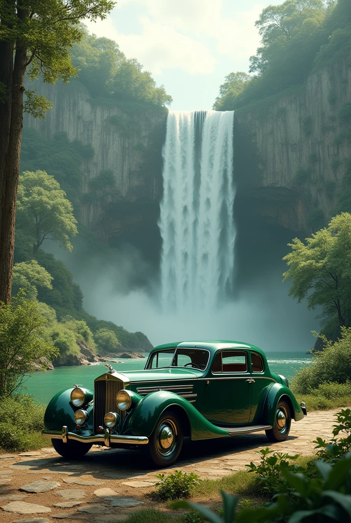 A old money 
car green with beautiful and so athetic 
 view and waterfall and 
