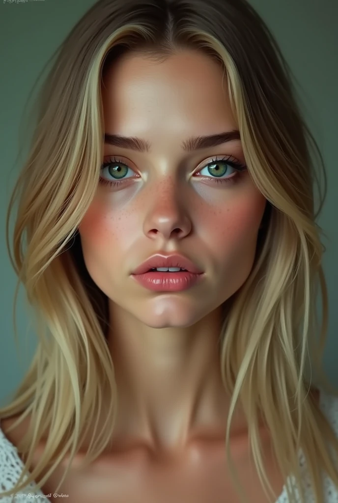 A realistic 20 year old woman who is not smiling, with straight blonde hair and emerald green eyes