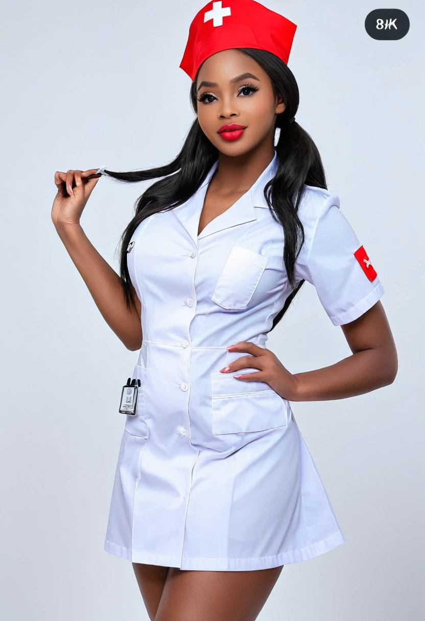 ((Photo medium distance:1.35)), ((Best resolution:1.4)), ((high quality:1.2)), (Work of art), 8k, extremely detailed, ((High detail:1.2)), Solo, ((HotLexi pretty perfect African angolan female with 2)), ((sexy nurse uniform)), (perfect hot hourglass body:1.25), (square-shaped defined pretty face:1.35), (medium round breasts),