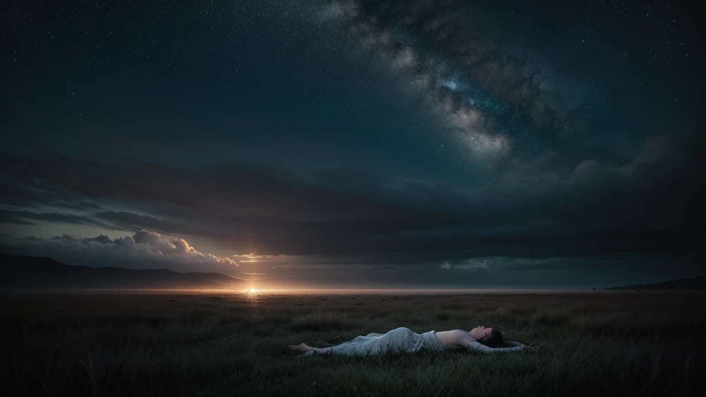 { "prompt": "A powerful and emotional scene showing the spirit leaving the body of a person. The body, lying peacefully on the ground, is surrounded by an ethereal glow. The spirit, depicted as a translucent, luminous figure, gently rises upward , leaving the physical form behind. The setting captures both earth and sky simultaneously, with the ground fading into a misty, twilight horizon, and the sky above filled with swirling, dark clouds tinged with a somber light. reverence, creating a poignant moment of transition between life and the afterlife. The image should be in high quality, with vivid details highlighting the contrast between the earthly scene and the ethereal journey of the spirit." }