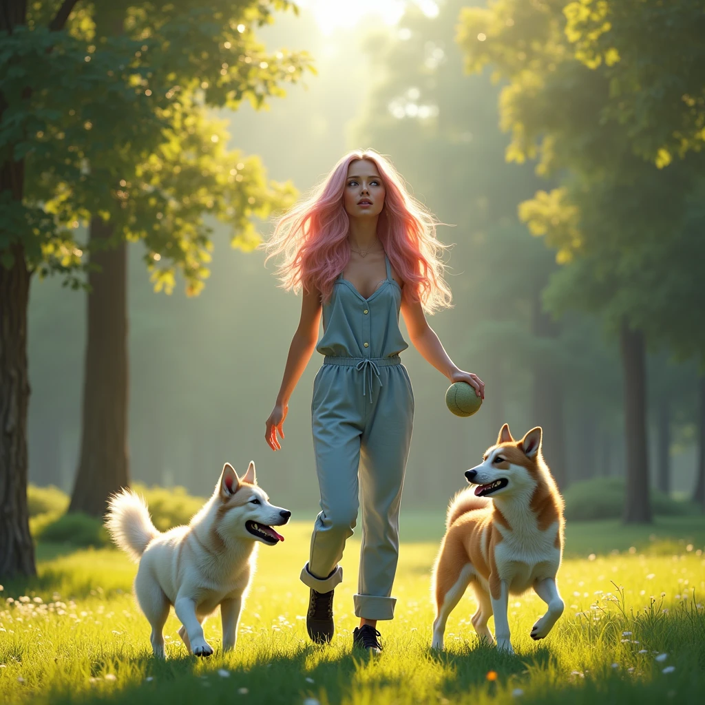 Full View 8K, a nature female, standing at the park playing catch, with my two husky mixed dalmatian wolf, as the sun is shining down on us, a natural white female, with long wavy blonde n pink hair, wearing a light blue jumpsuit, with black sneakers 