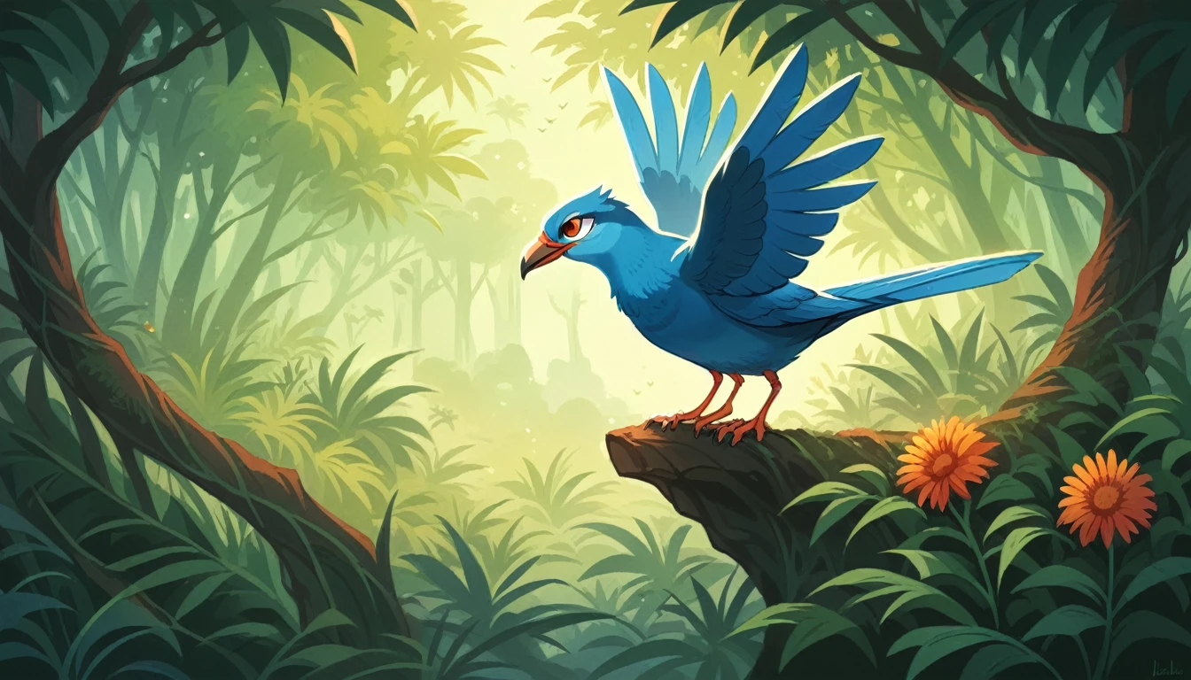 Descripción: Create a highly detailed and vibrant image of an exotic bird perched in a lush jungle setting. The bird should have an intricate pattern on its feathers, incorporating a mix of bright colors like blues, greens, reds, and yellows, giving it a fantastical appearance. The feathers should be stylized with a texture that resembles lace or fabric, adding depth and visual interest. The background should be a blurred jungle, with soft bokeh effects of light filtering through the trees, to give a sense of depth and focus on the bird. Ensure the image is in a high-resolution format suitable for a 1920x1080 monitor background. The style should be a mix of realism and fantasy, with attention to detail in both the bird's plumage and the surrounding foliage.