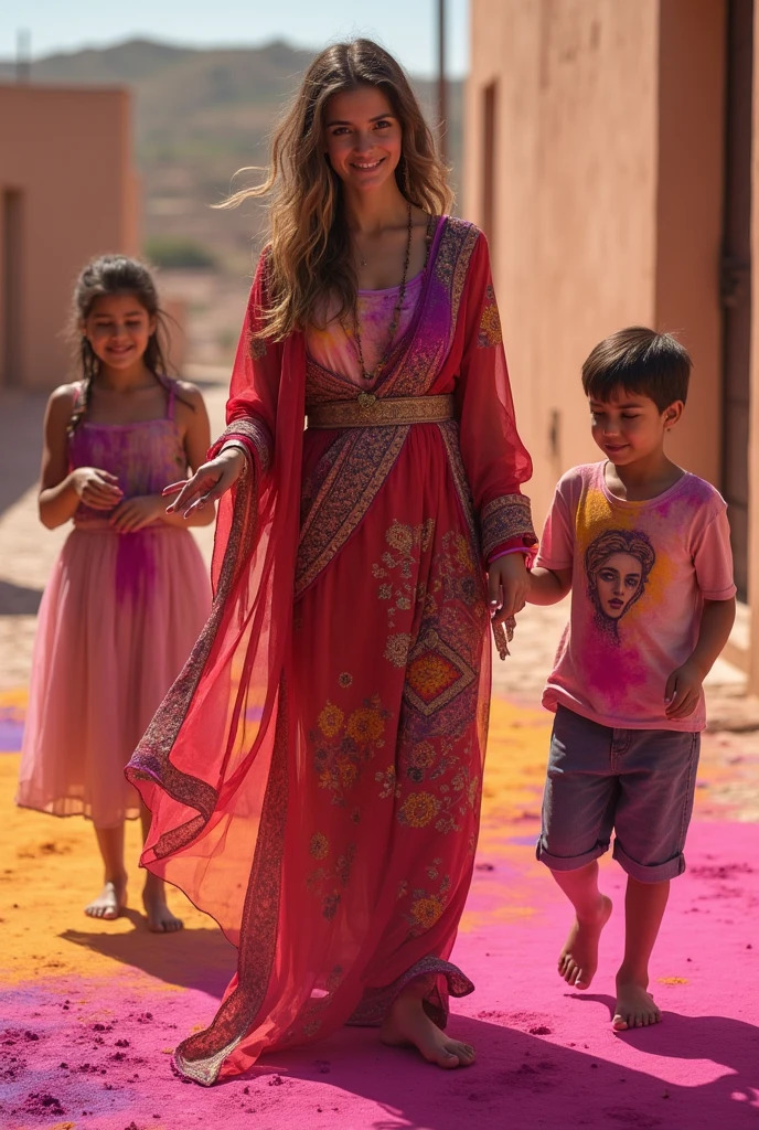 Une belle femme marocaine, dressed in clothes , pieds nus, jouant à Holi avec sa fille et son fils, surrounded by vibrant colors. Les couleurs sur leurs visages, the boy throwing paint on his sister,
Image haute résolution, cinematography, More realistic and low backlight
