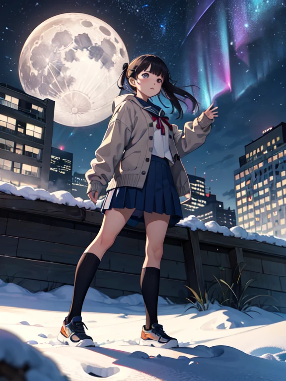 (masterpiece),(best quality), yuki, winter uniform, cardigan, kneehighs, blue skirt, serafuku, inexpressive, fence, rooftop, aurora, building, city, city lights, cityscape, cloud, constellation, crescent moon, full moon, light particles, milky way, moon, night sky, outdoors, scenery, skyline, skyscraper, snow, snowing, winter (from below:1.1)