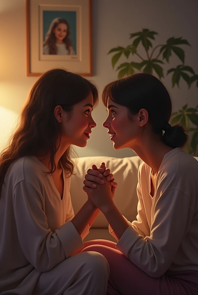 Zara and her mother sit together on a couch, holding hands and talking with open, emotional expressions. The room feels cozy and intimate, with soft lighting creating a comforting atmosphere.