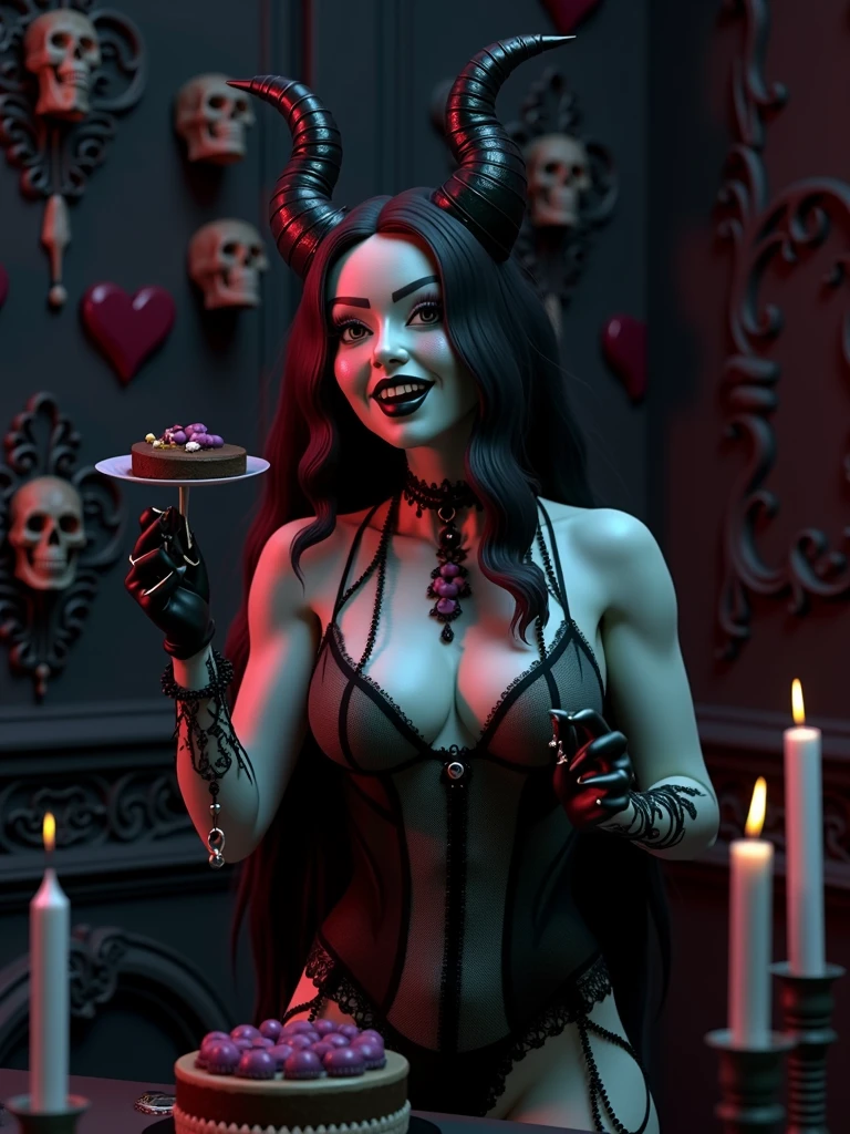 A 3D render of a gothic party setting with a neon-red-long-haired demoness celebrating Ideogram's 1-year birthday. The demoness, with vibrant green skin, is wearing a dark lace attire and is tearing into a decadent chocolate cake. The background is filled with gothic decor, including candles, skulls, and intricate patterns. The lighting is dramatic, with shadows cast on the walls.
