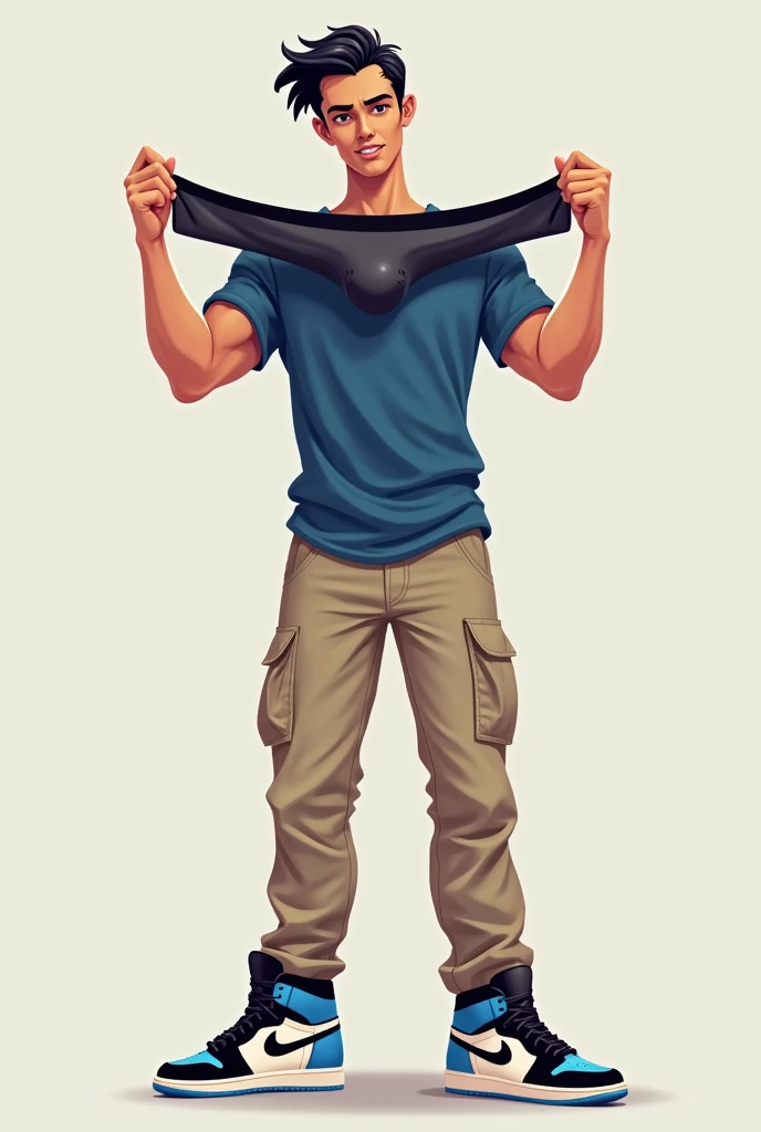 Black haired man with fair skin, in beige cargo pants, blue t-shirt and blue black and white air jordan sneakers holding a pair of boxer briefs with his hands 