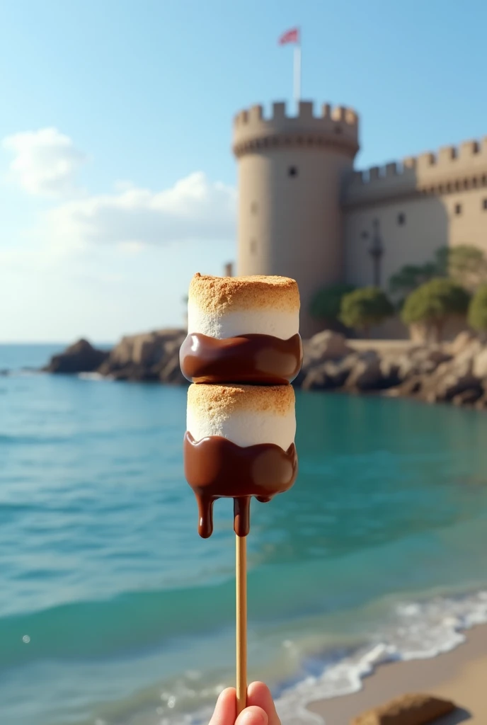 Three marshmallows together on a stick dipped in chocolate with a background of the sea and the Real Felipe del Callao Fortress 