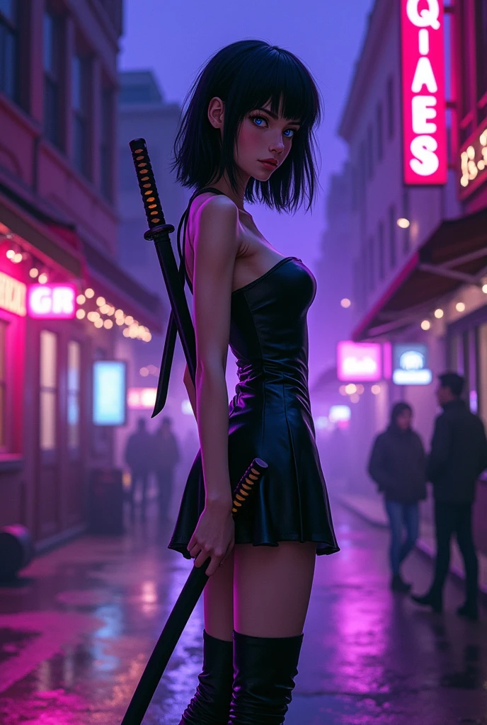 at night, some buildings in the united states, bars, purple phosphorescent lights, and a single woman with black hair and blue eyes, small nose,super pretty in a short strapless black leather dress, and some black leather boots, and two katanas on his back, head on, brillitos

