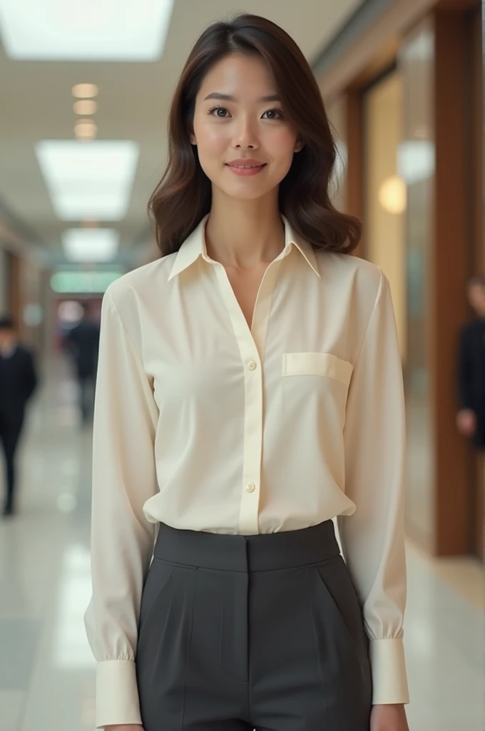 Receptionist uniform in a shopping mall for office work for women, cream color with dark grey pants