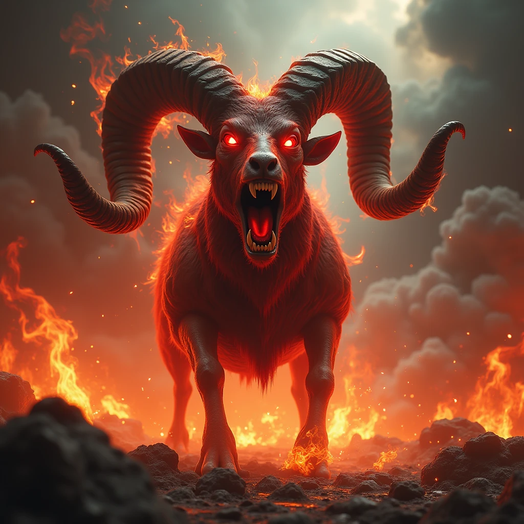 Create an image of a demonic ram with large, curved horns, eerie glowing red eyes, and red skin covered in flames. The ram must be screaming in a threatening manner, with a fierce expression, in a hellish scenario full of fire and smoke."
