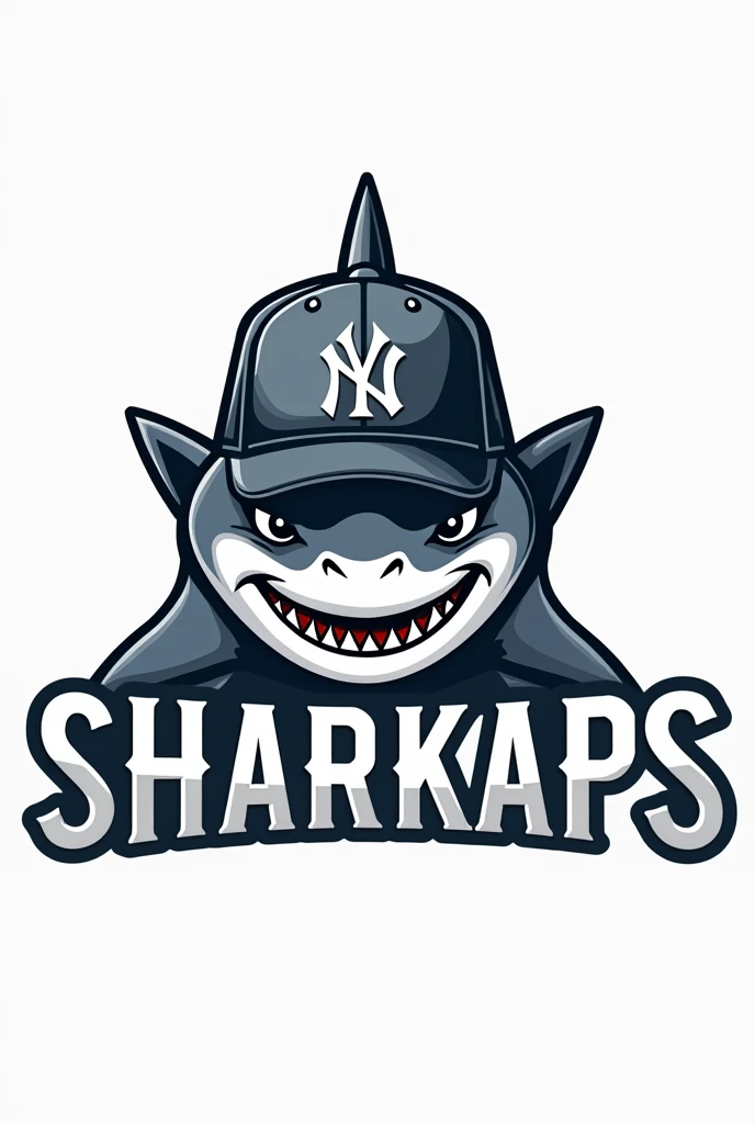 Create a logo of a grey shark with a NY cap that says SHARKAPS
