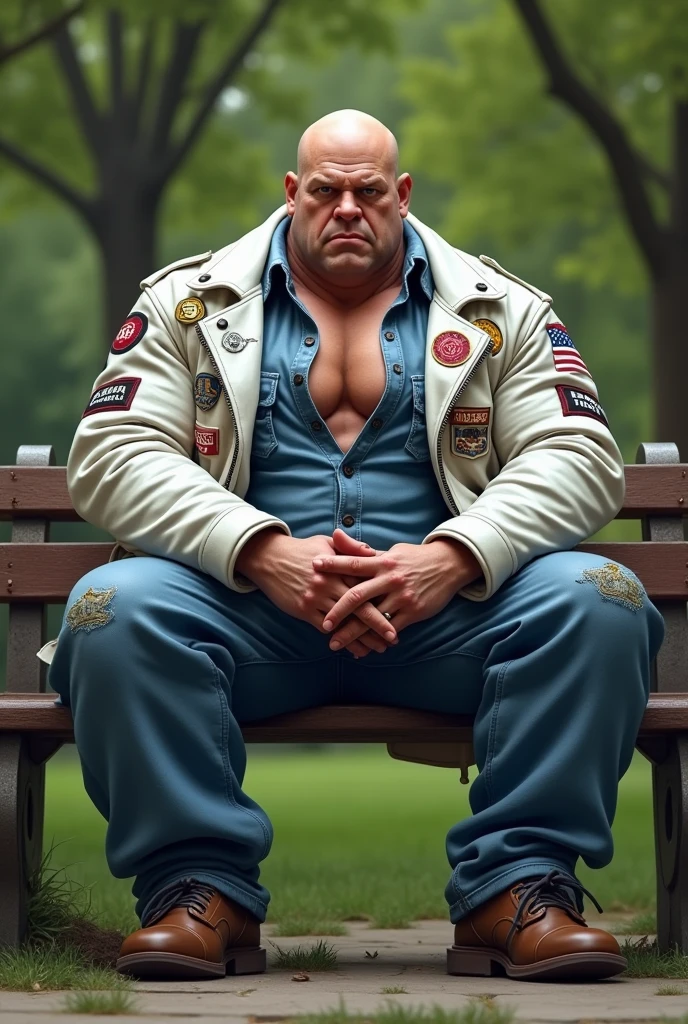 Big body builder white bald men wearing unbuttoned blue double pocket check shirt and white leather jacket with logos in park on bench