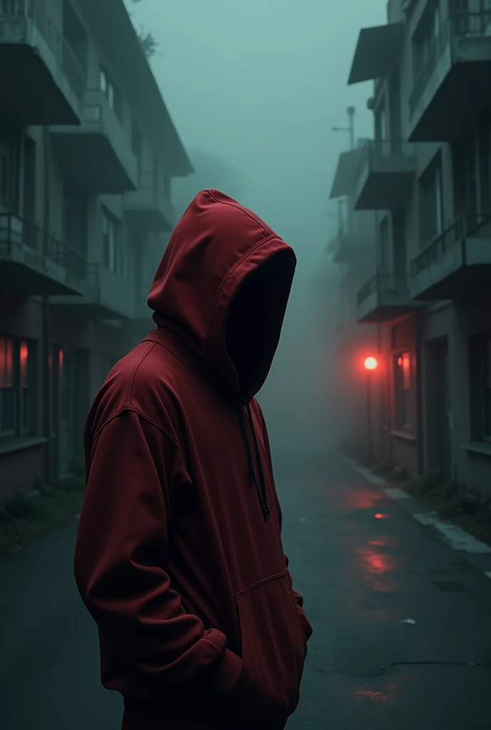 A man in red hoodie with head covering with hoodie. He has no face But he is talking. The background is a dark night street filled with horror and no light.