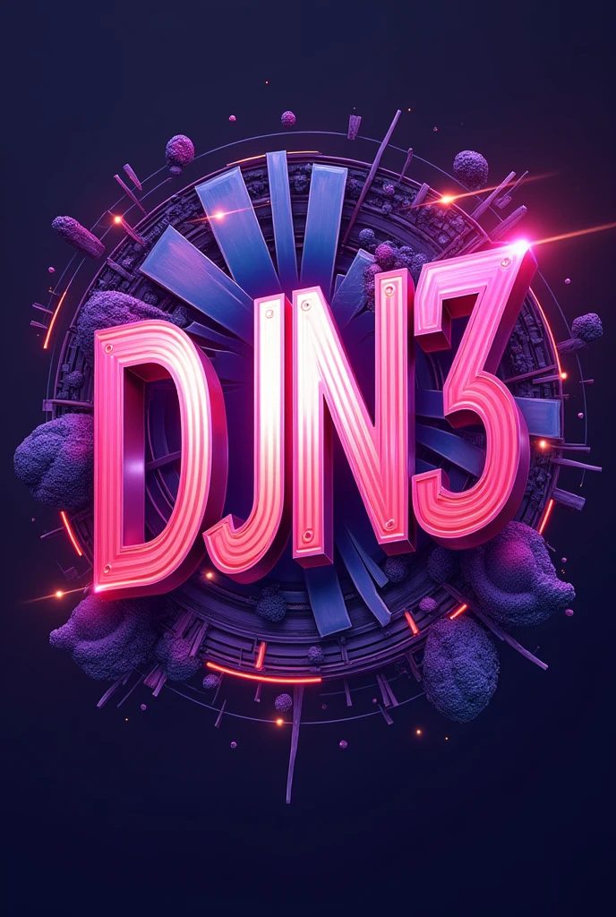 Make a profile picture with the name DJN3 in capital letters with a violet vibe a lot going on