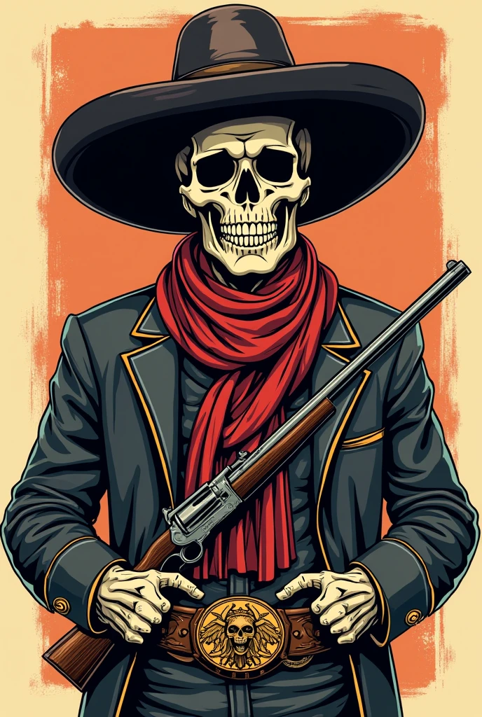 Face of a skull, Mexican gunfighter Pancho Villa style, a bullet belt on his chest, design for tattoo style like the tattoo artist elvia guardian
