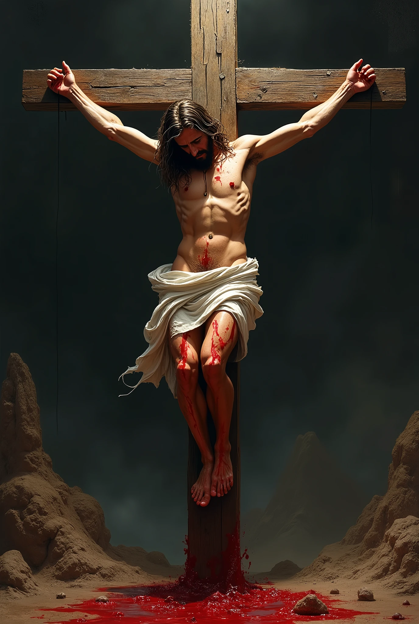 jesus christ being crucified on the cross, with blood running down the wood