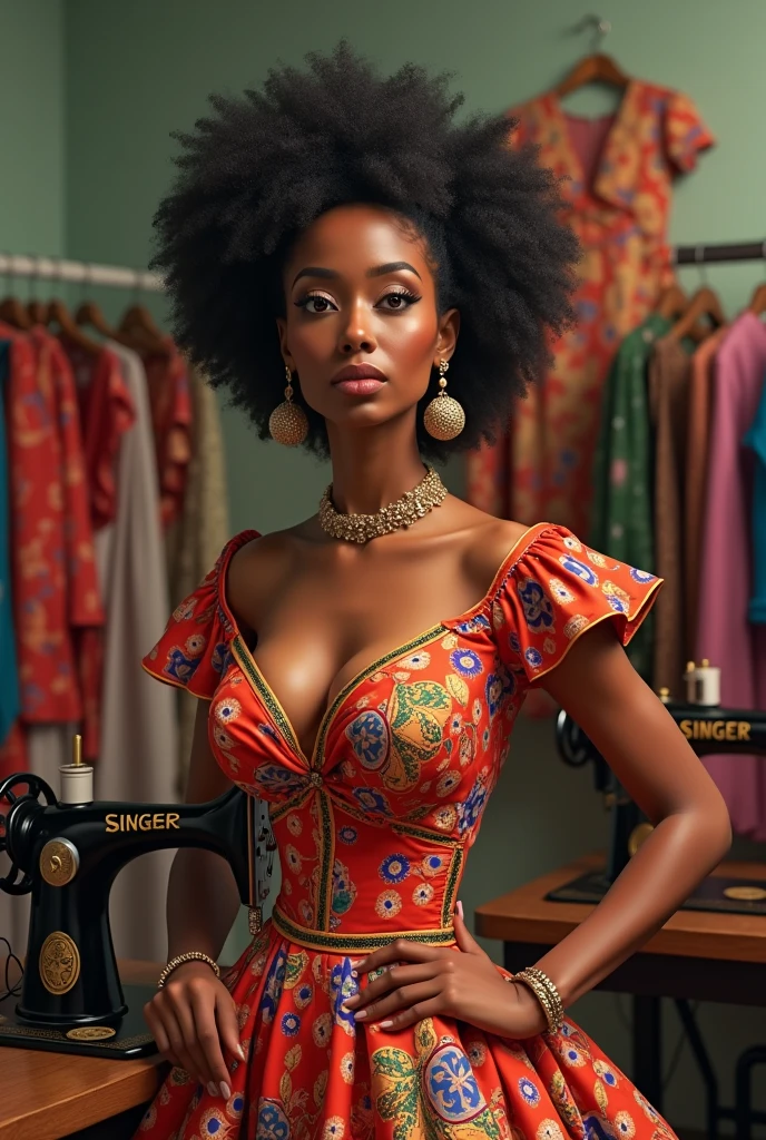 Créer une image d une couturière haïtienne, qui fait de la haute couture haitienne. Elle coquette, porte une tenue de haute couture de sa création, typiquement haïtienne. Dans sa salle des machines a coudres singer, électrique, machine en bois aussi a pédales. Des vêtement de collection sur des cyntres. Une clientèle joyeuses. Cadre coloré