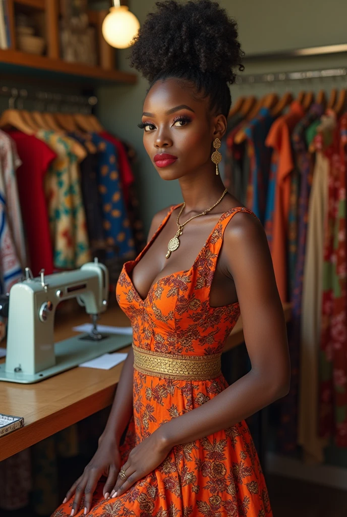 Créer une image d une couturière haïtienne, qui fait de la haute couture haitienne. Elle coquette, porte une tenue de haute couture de sa création, typiquement haïtienne.  Dans sa salle des machines a coudres singer, électrique, machine en bois aussi a pédales. Des  vêtement de collection sur des cyntres. Une clientèle joyeuses. Cadre coloré 