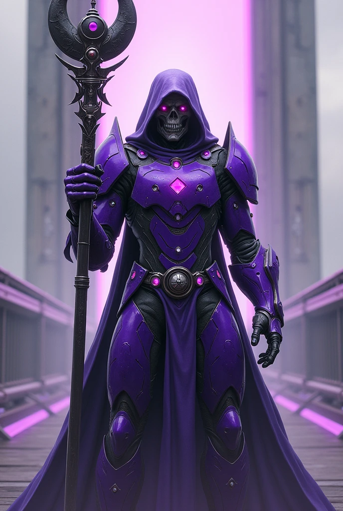 a sorcerer,cirborgue, purple armor,a staff on the bridge has a half moon with a circlo on top,no robotic face