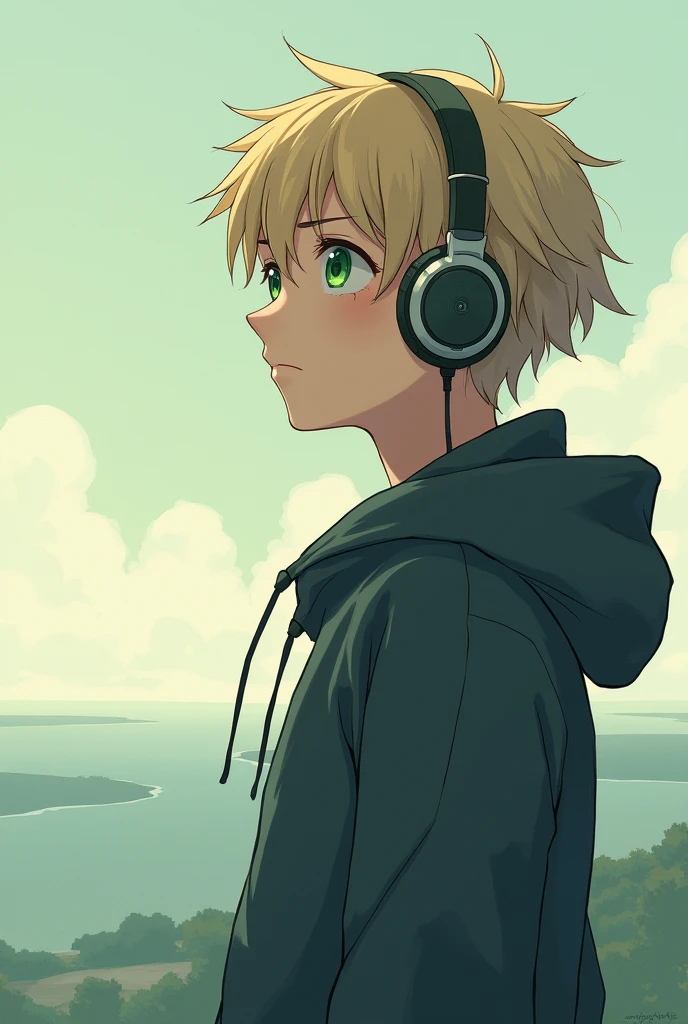 A profile picture of a blonde haired, green eyed anime boy with headphones looking thoughtful, looking at the horizon