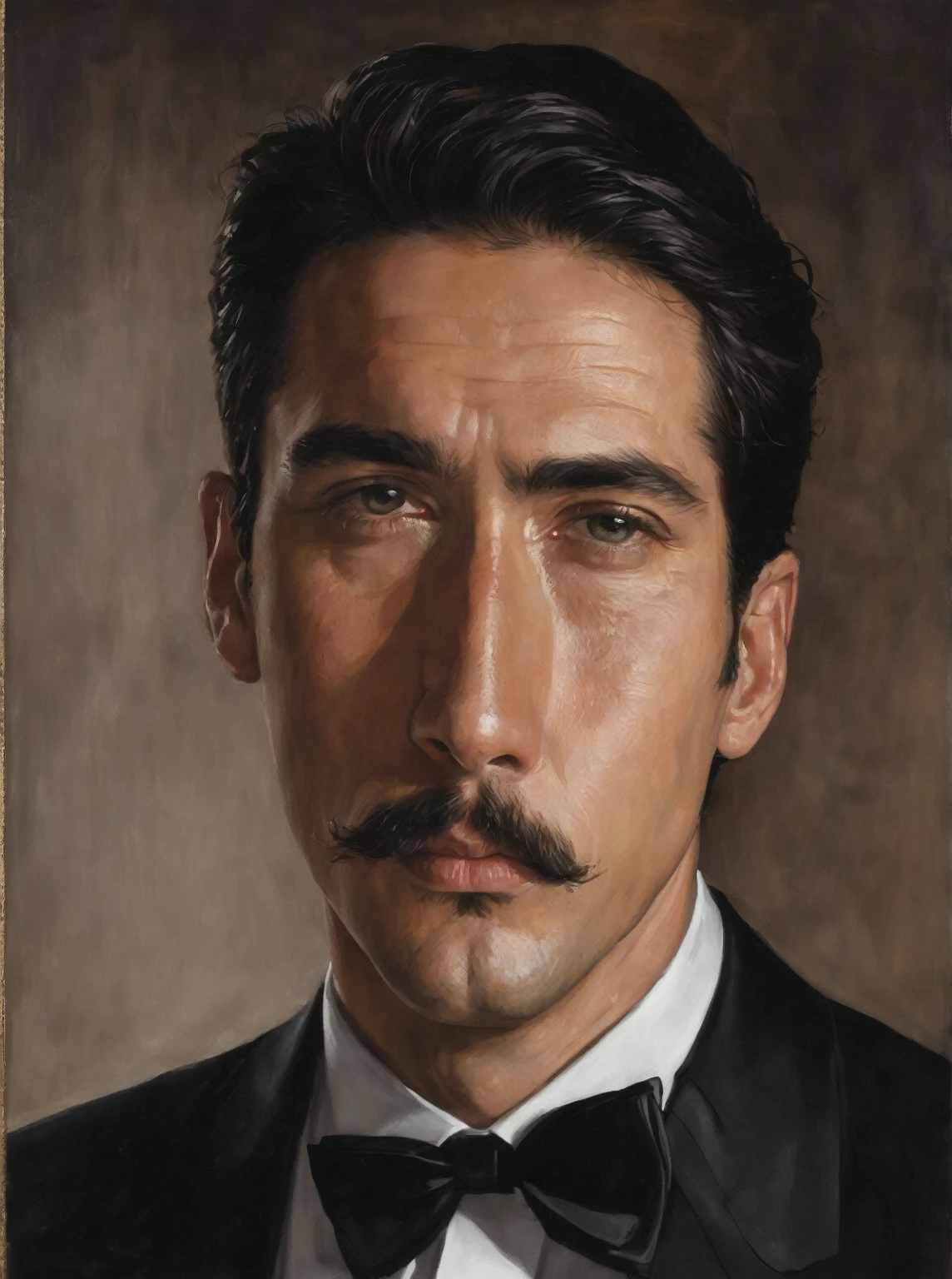 The image is a portrait of a man's face. The man appears to be in his late twenties or early thirties, with dark hair and a mustache. He is wearing a black tuxedo with a white shirt and a black bow tie. The background is a dark brown color, and the man is looking directly at the camera with a serious expression. The painting is done in a realistic style,