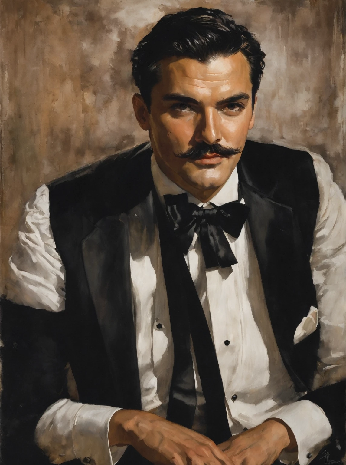 The image is a portrait of a man's face. The man appears to be in his late twenties or early thirties, with dark hair and a mustache. He is wearing a black tuxedo with a white shirt and a black bow tie. The background is a dark brown color, and the man is looking directly at the camera with a serious expression. The painting is done in a realistic style, 