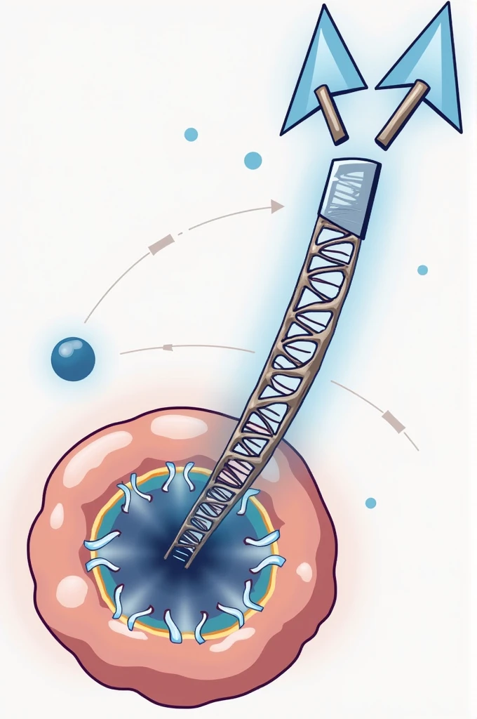 An arrow that goes from the nucleus to the cytoplasm, showing mRNA passing through nuclear pores.