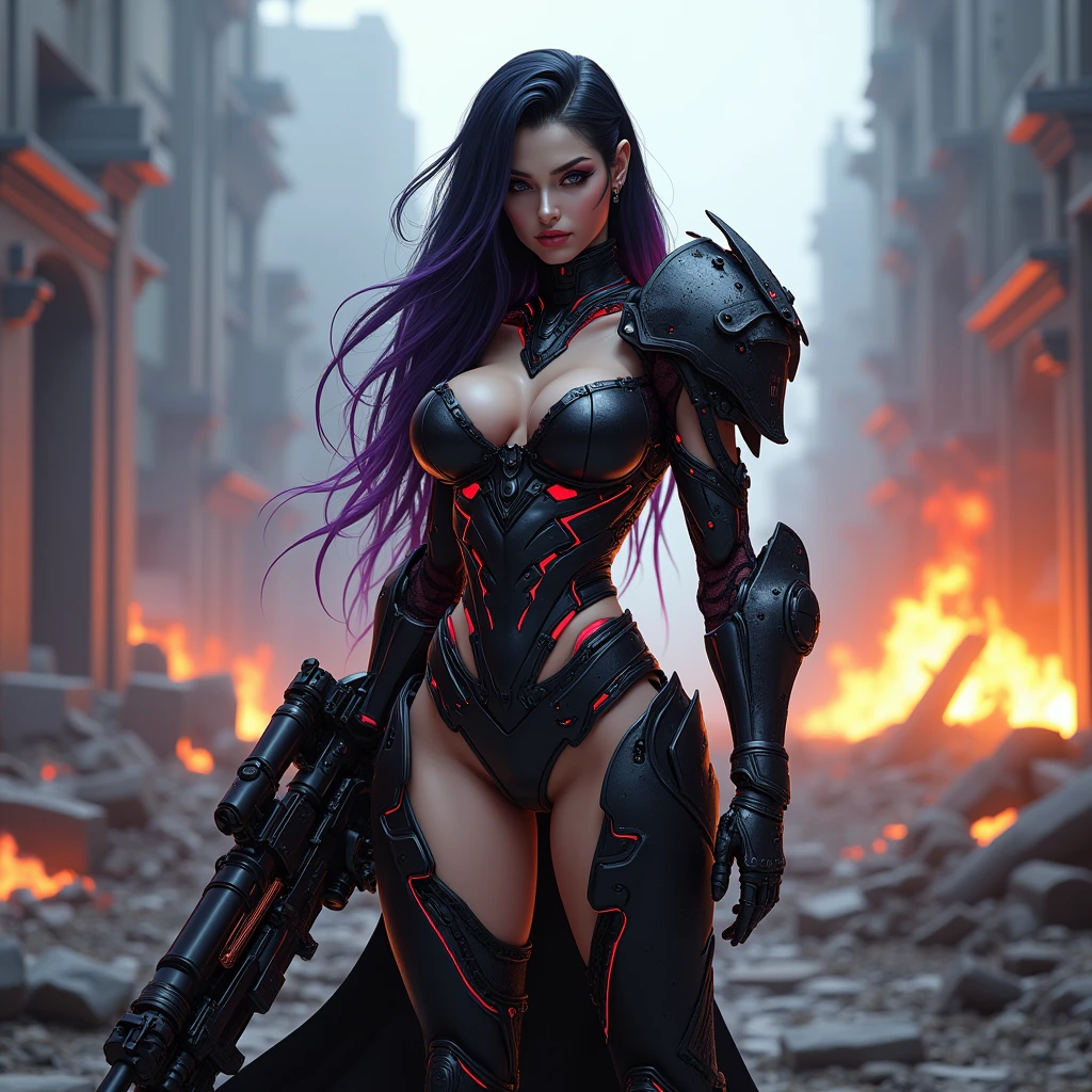 full body pose wearing a mechanical suit, massive bimbo silicone breast, bimbo breast, Mechanical wonder, Cyberpunk, Cybernetic Guardian, futuristic sexy black armor, big black and neon red shoulder armor, full body, front pose, symmetry, intricate (steel metal [rust]), joints, warframe style, cyborg, fit muscular female body and armor, Beautiful body, Massive silicone breast, pale skin, seductive, temptation, eat your soul, clevage, long flowing black hair with purple highlights, heavy gothic makeup, at night, neon, holding a futuristic black and red laser rifle, sith queen, warrior queen, black latex cloak, stiletto heels, full body pose, wartorn ruins in the background, explosions and fire, most beautiful intricate detailed armor high heel stilletto boots