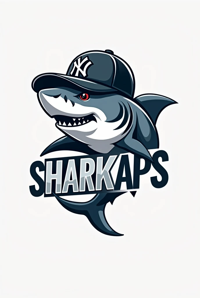 Create a logo of a grey shark with a NY cap that says SHARKAPS