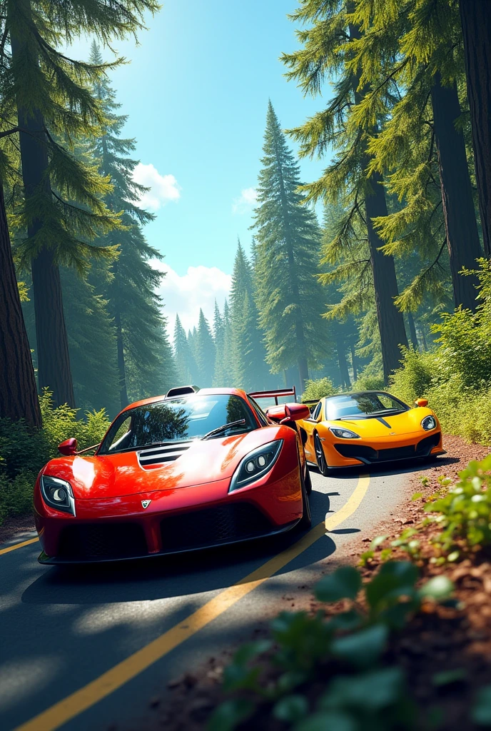 Three sports car in forest view redtree and blue sky
