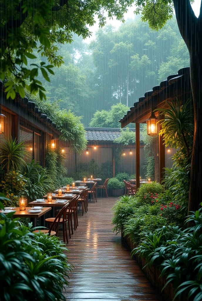 A saturated and desaturated color palette image of a restaurant garden in the rain