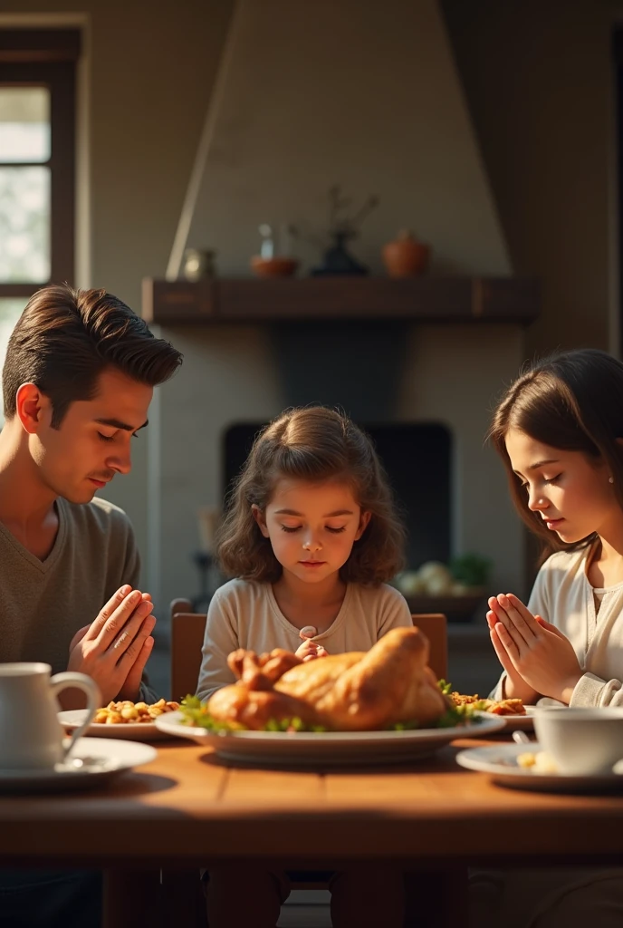 (photorealism:1.2), a family gathered together sitting at a table with food praying