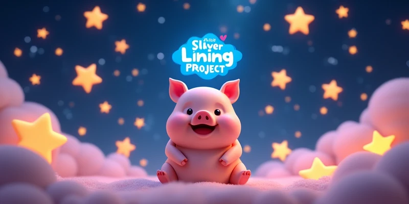 3D Stars with "Sliver Lining Project" 3d logo below cute, Big text, with cute pig
