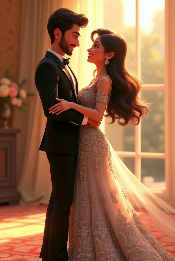 Create a Pixar image of a couple in wedding girl is wearing a silver lehenga and silver embroidery. Open hair. Groom is wearing a black tuxedo, both are waltzing together and in love. Both are very very happy and in love, groom has a slight beard and young looking. Bride has a dimple and is slightly chubby they are celebrating. They are very happy. The beard is very slight like a stubble. Make them young looking